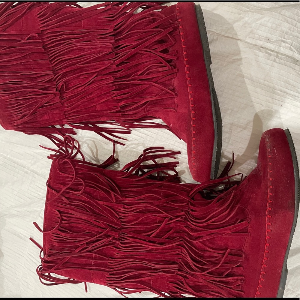 Deep red fringe boots